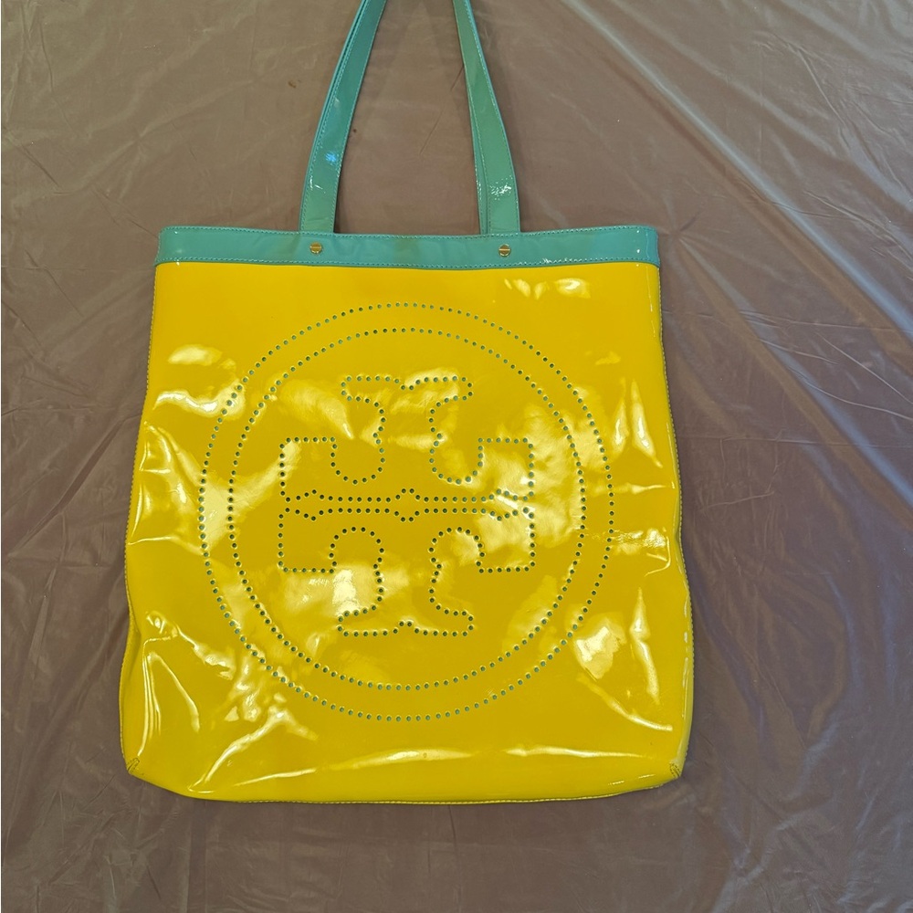 Vintage Y2K Tory Burch Logo Yellow/Teal Patent Leather Large Tote - Picture 12 of 14